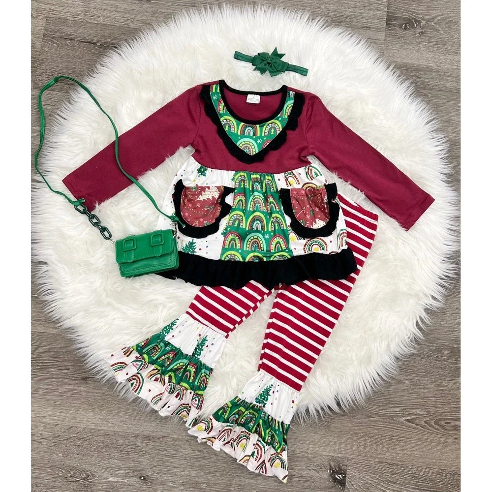 Boutique Girls Holiday Rainbow Ruffles 2pc‎ Outfit 2T NEW